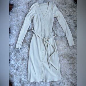 Splendid Ribbed Button Front Midi Dress Cream XS Cotton Stretch Long Sleeve